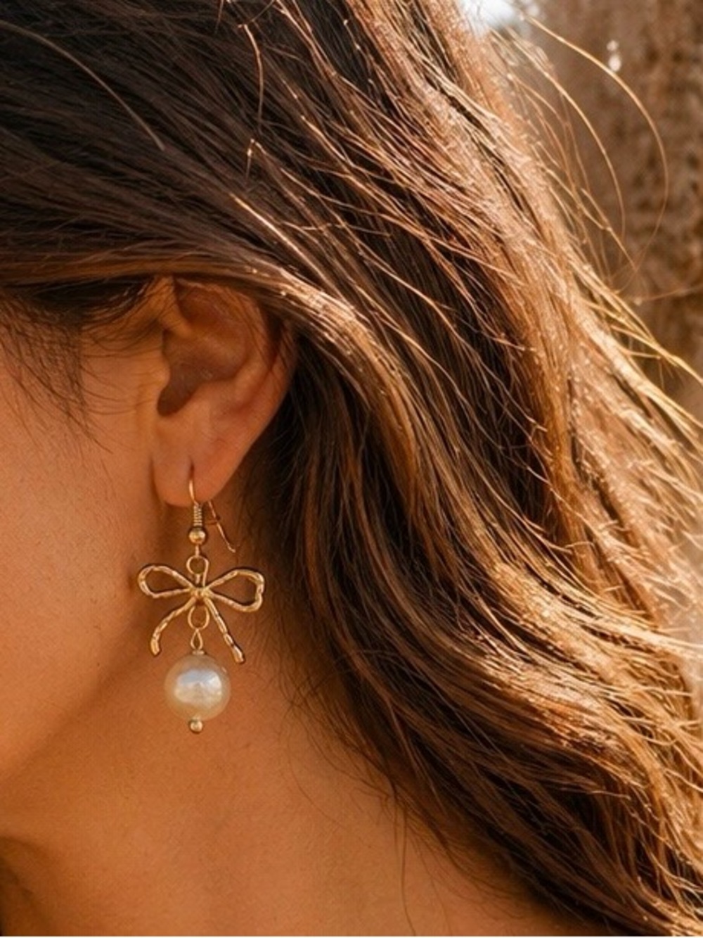 Handmade Gold Bow Pearl Drop Earrings - Women Jewelry
